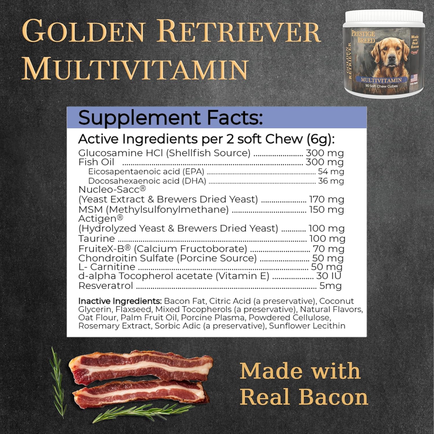 Golden Retriever Multivitamins, 90 Count, USA-Made with Real Bacon for Balanced Nutrition and Prestige Breed Support