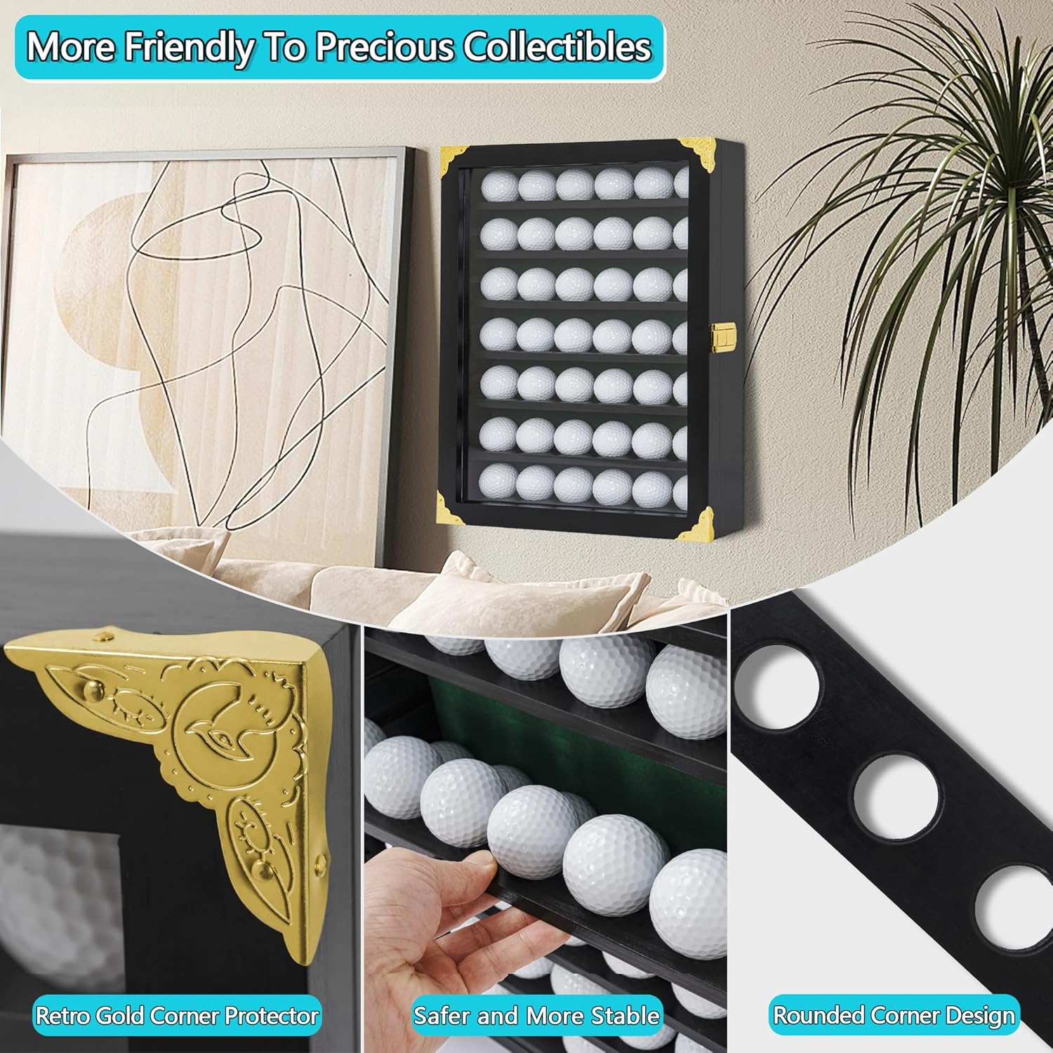 Golf Ball Display Case with 42 Ball Holder - Wall Mount or Stand Cabinet for Golf Enthusiasts