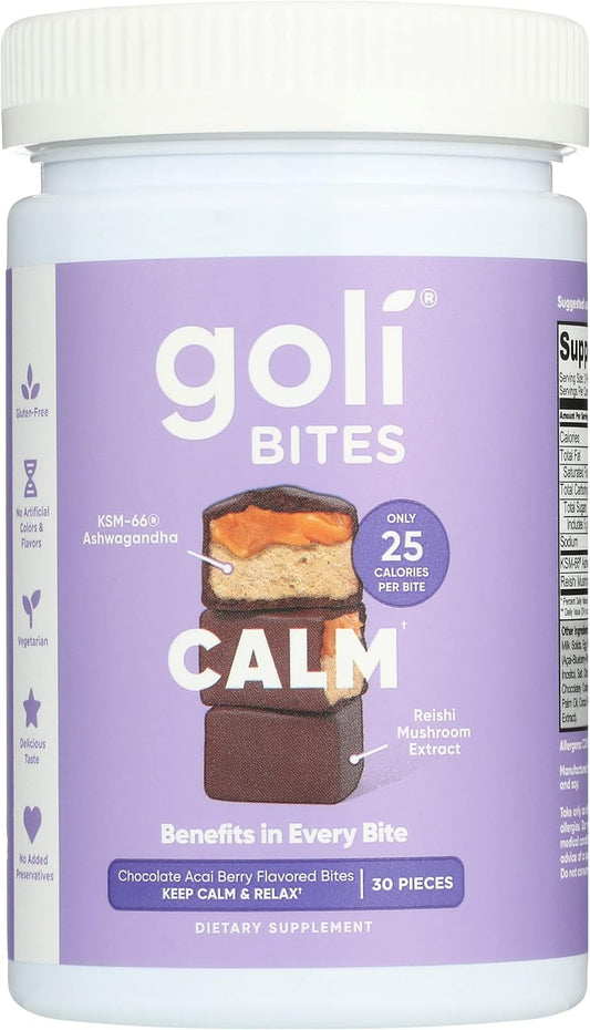 Goli Nutrition Calm Ashwagandha Bites - Chocolate Acai Berry Flavor, Caffeinated, Vegetarian, Gluten Free with No Preservatives - 30 Pieces