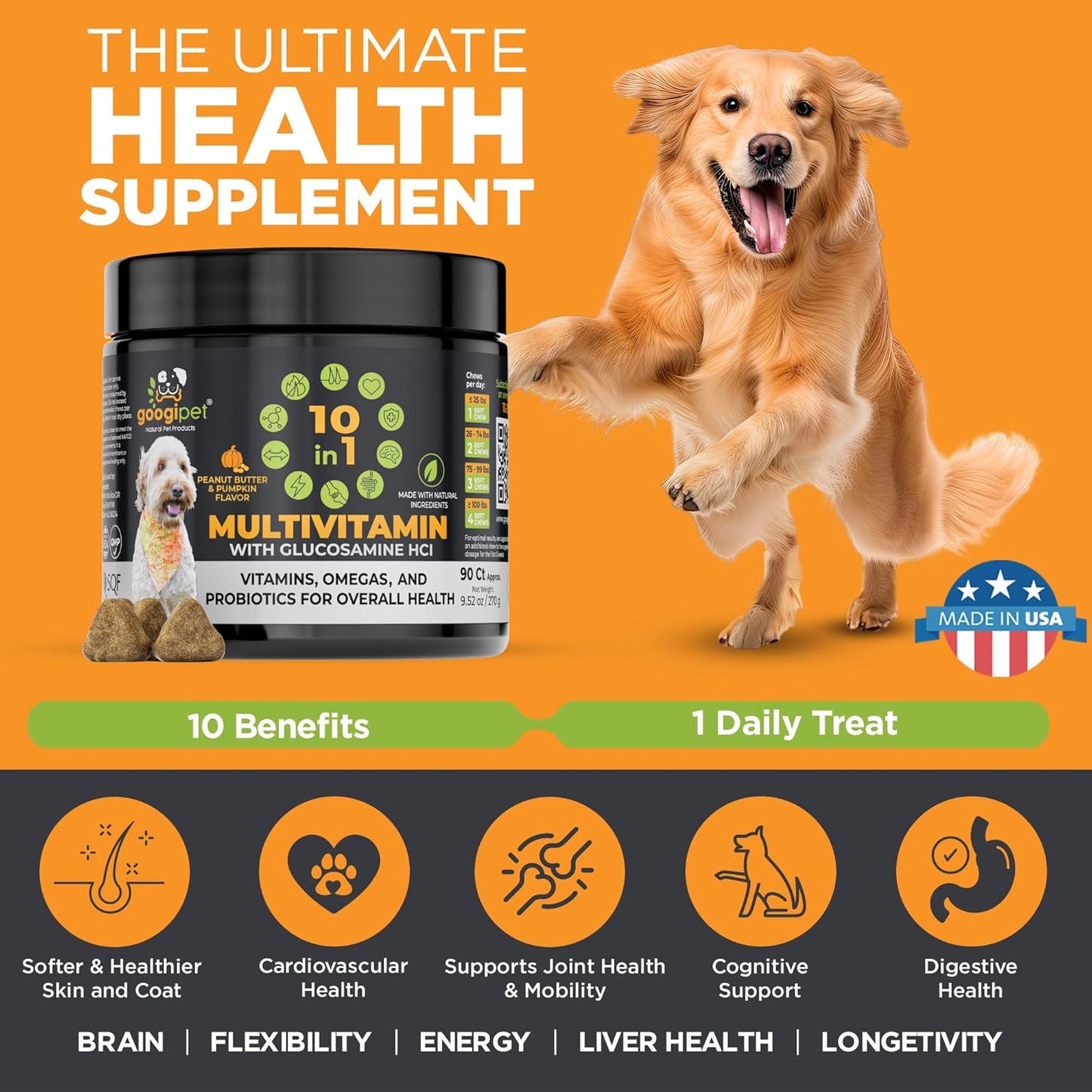 Googipet Premium 10 in 1 Dog Multivitamin Chewable with Probiotics, Vitamin C, and Glucosamine - Peanut Butter & Pumpkin Flavor