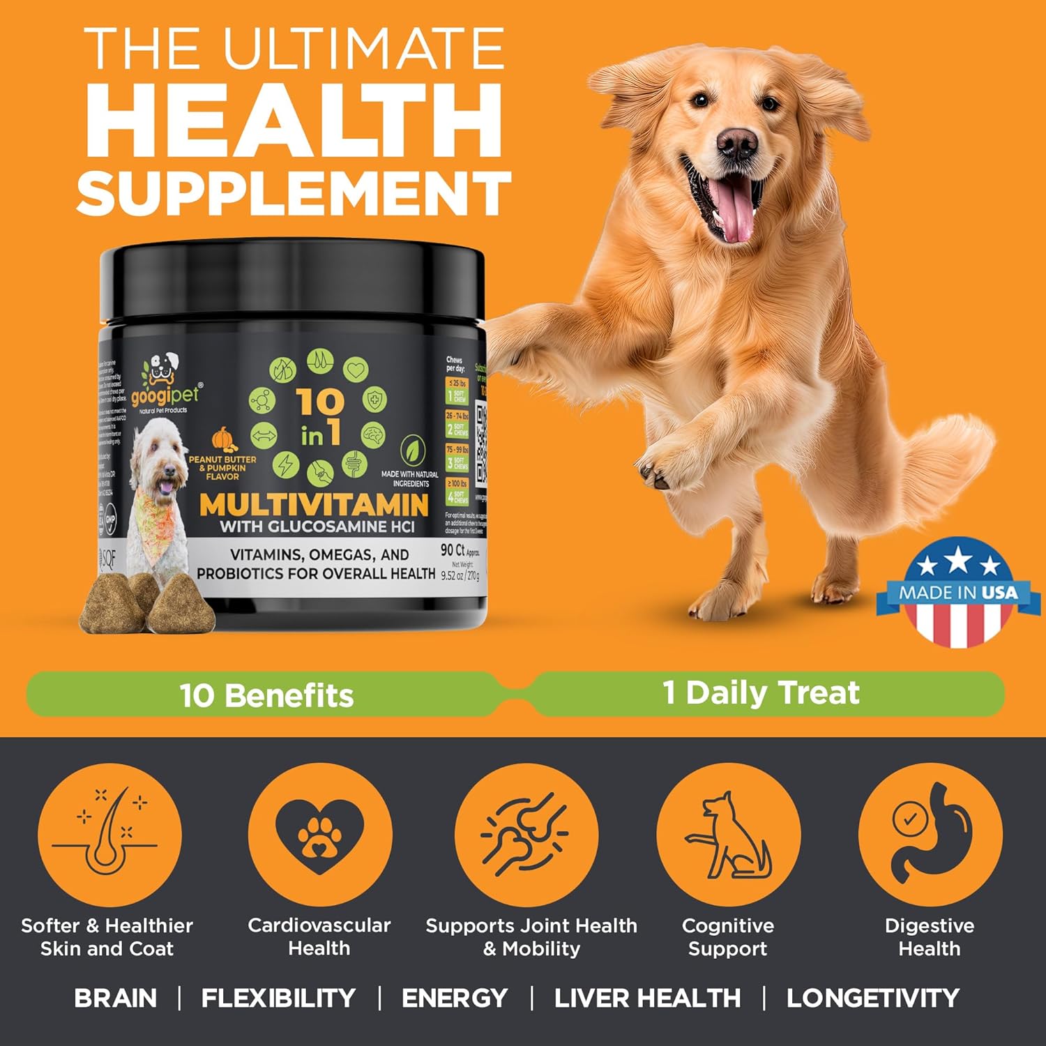 Googipet Premium 10 in 1 Dog Multivitamin Chewable with Probiotics, Vitamin C, and Glucosamine - Peanut Butter & Pumpkin Flavor