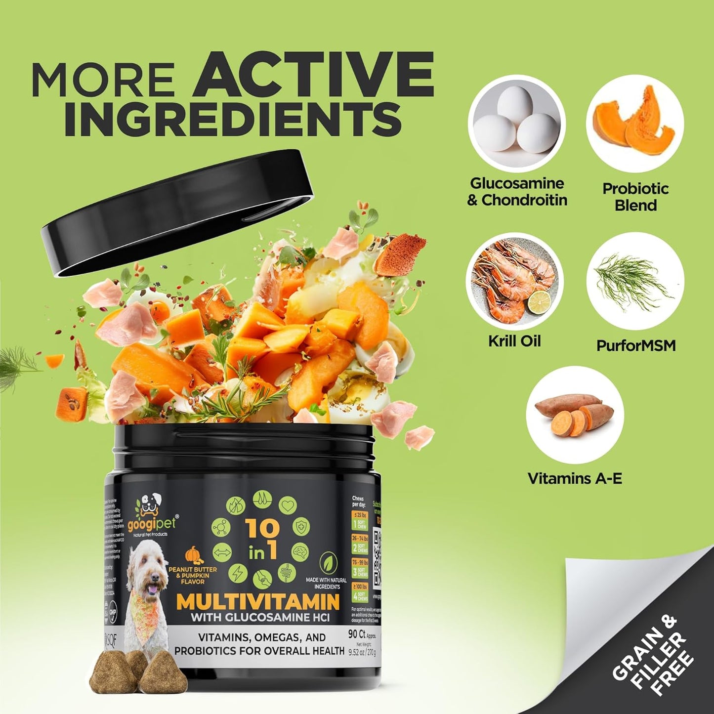 Googipet Premium 10 in 1 Dog Multivitamin Chewable with Probiotics, Vitamin C, and Glucosamine - Peanut Butter & Pumpkin Flavor