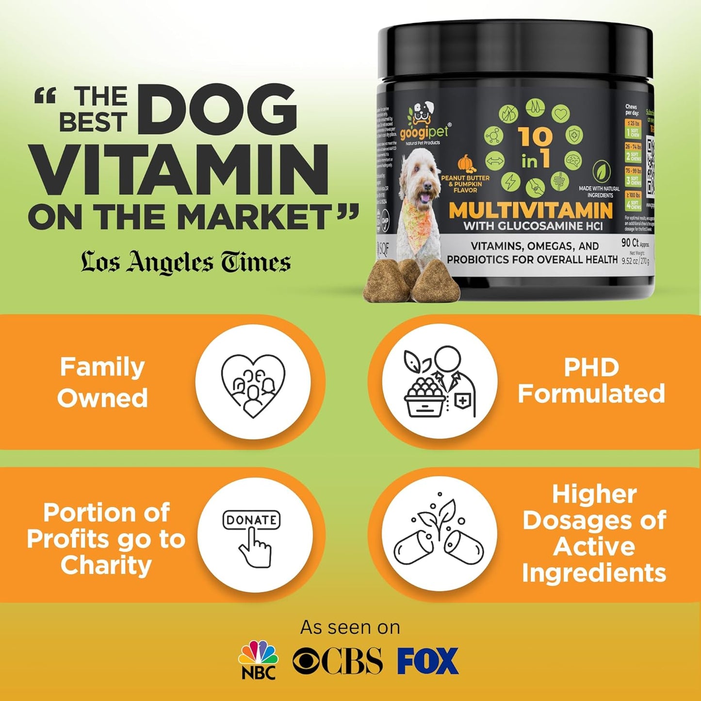 Googipet Premium 10 in 1 Dog Multivitamin Chewable with Probiotics, Vitamin C, and Glucosamine - Peanut Butter & Pumpkin Flavor