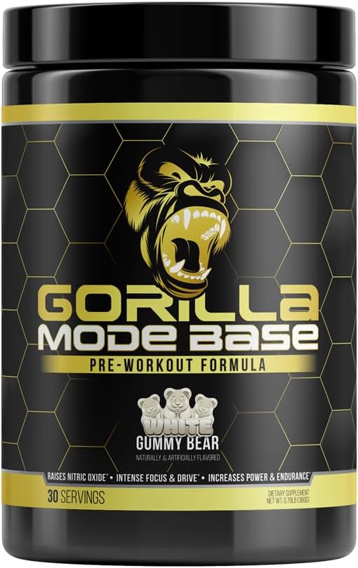 Gorilla Mind Base Pre Workout Powder - Boosts Nitric Oxide, Focus, and Endurance - L-Citrulline, L-Tyrosine, Betaine, Alpha-GPC, Caffeine, Huperzine A - 360g (White Gummy Bear)