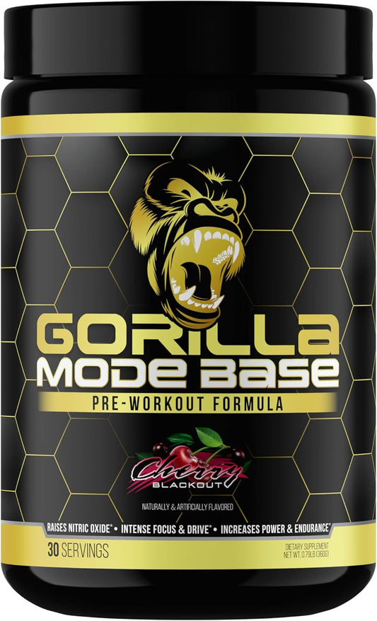 Gorilla Mind Base Pre Workout Supplement - Boosts Nitric Oxide for Focus, Endurance, and Power - Includes L-Citrulline, L-Tyrosine, Betaine, Alpha-GPC, Caffeine, Huperzine A - 360g (Cherry Blackout)
