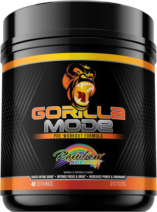 Gorilla Mind Gorilla Mode Pre Workout - Enhanced Energy, Focus, and Power Formula - Rainbow Sherbet Flavor - 776g