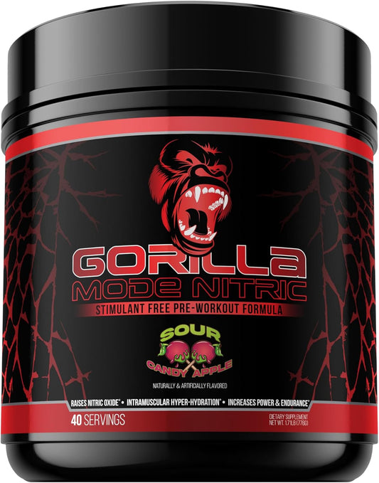 Gorilla Mind Nitric 1.0: Stimulant-Free Pre-Workout for Massive Pumps - Sour Candy Apple Flavor - 776g