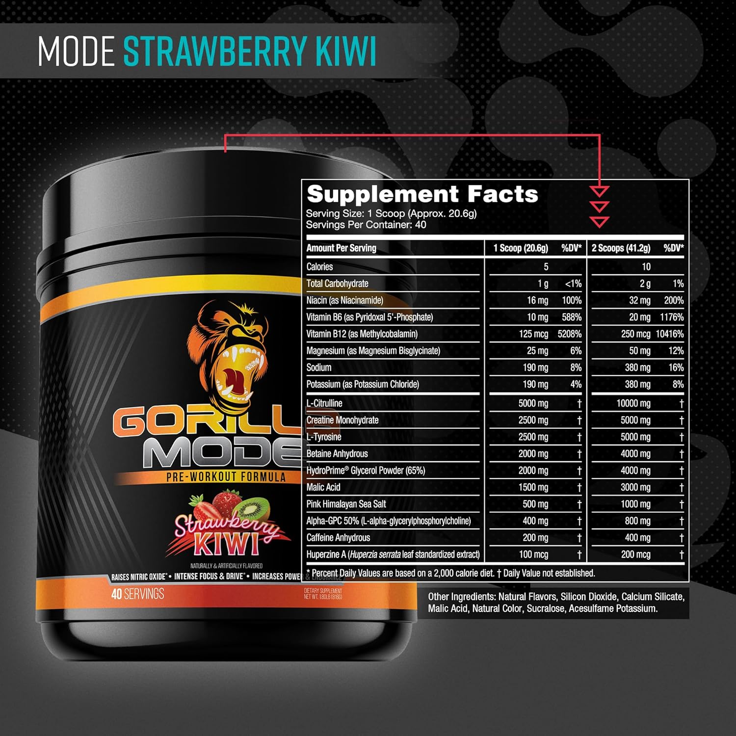 Gorilla Mind Pre Workout Supplement for Energy, Focus, and Muscle Pumps - L-Citrulline, Creatine, L-Tyrosine, Betaine, Alpha-GPC, Caffeine - 816g Strawberry Kiwi Flavor