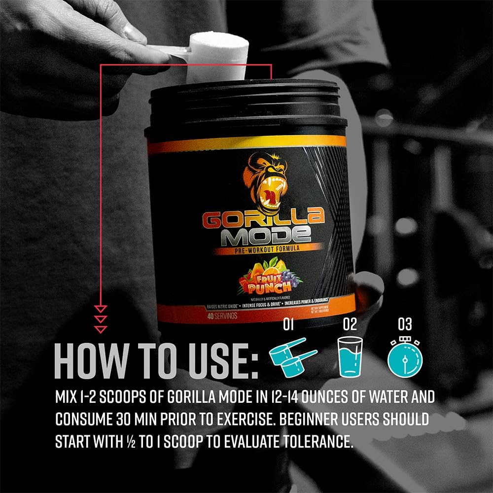 Gorilla Mind Pre Workout Supplement for Energy, Focus, and Muscle Pumps - L-Citrulline, Creatine, L-Tyrosine, Betaine, Alpha-GPC, Caffeine - 816g Strawberry Kiwi Flavor