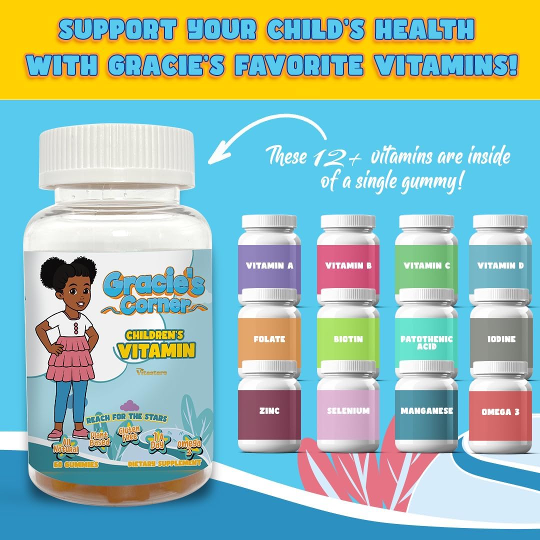 Gracie's Corner Kids Multivitamin Gummies with Omega 3, Vitamins A, B, C, D - 60 Star Shaped Gluten Free Gummies