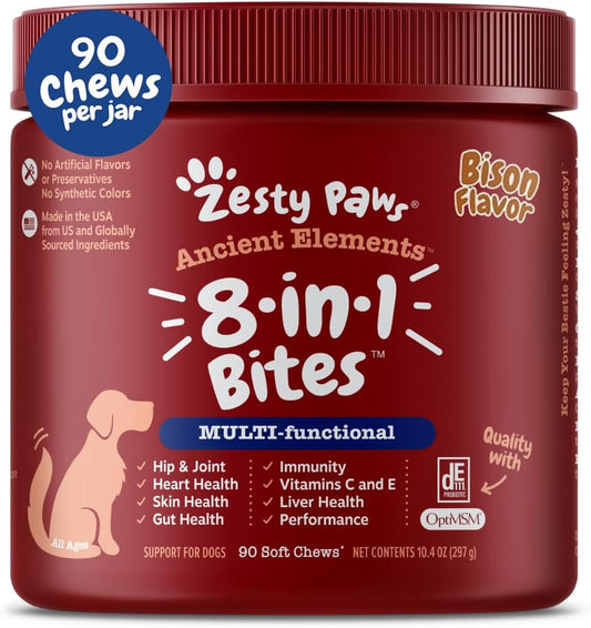 Grain-Free Dog Multivitamin Treats with Glucosamine Chondroitin, Probiotics, and Digestive Enzymes for Joint, Skin, and Immune Health - 90 Count