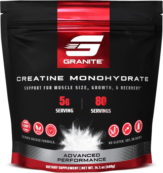 Granite Creatine Monohydrate Supplement for Strength, Endurance, & Muscle Recovery - Soy, Dairy, & Gluten-Free (80 Servings)