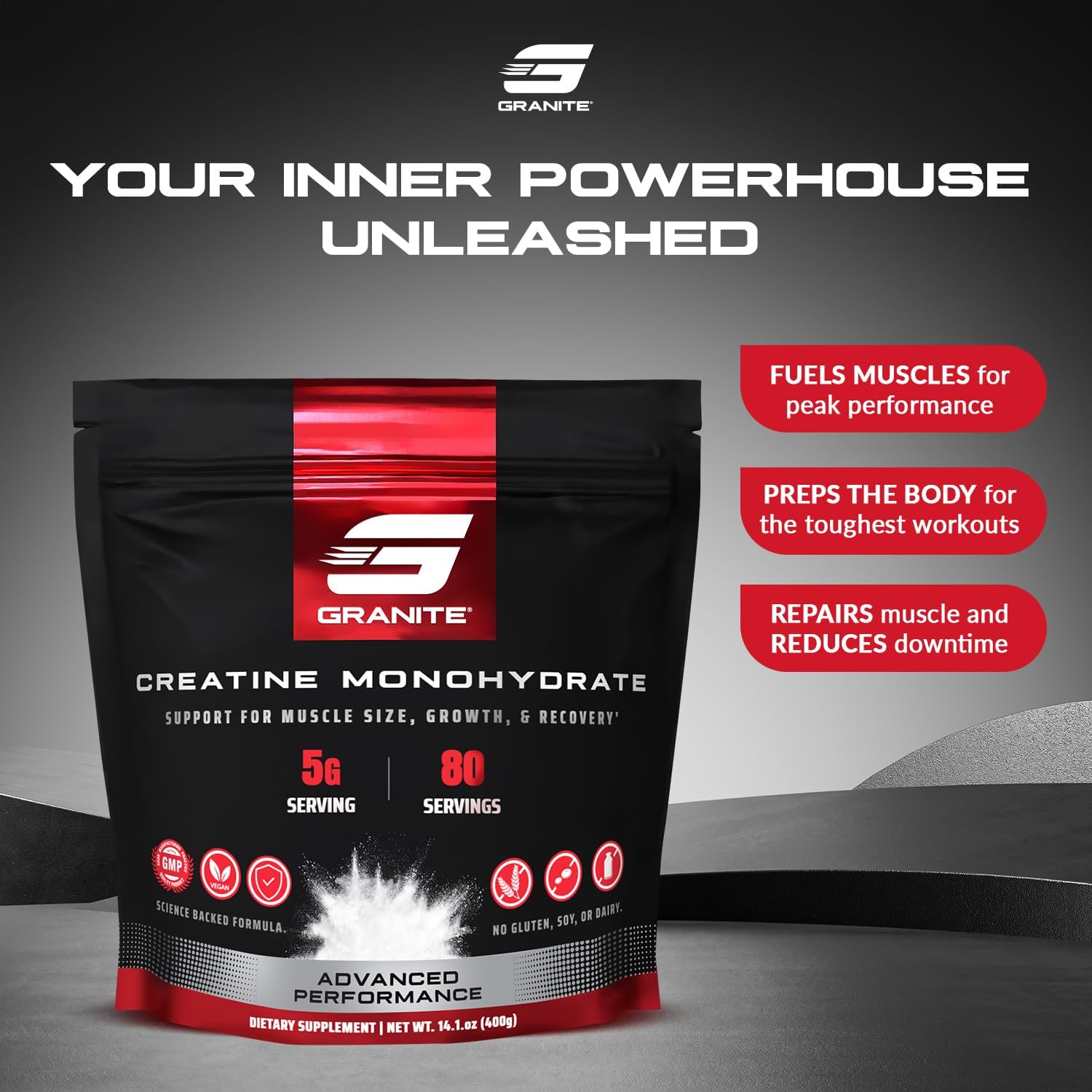 Granite Creatine Monohydrate Supplement for Strength, Endurance, & Muscle Recovery - Soy, Dairy, & Gluten-Free (80 Servings)