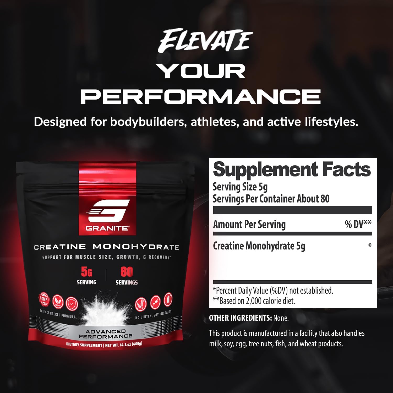 Granite Creatine Monohydrate Supplement for Strength, Endurance, & Muscle Recovery - Soy, Dairy, & Gluten-Free (80 Servings)