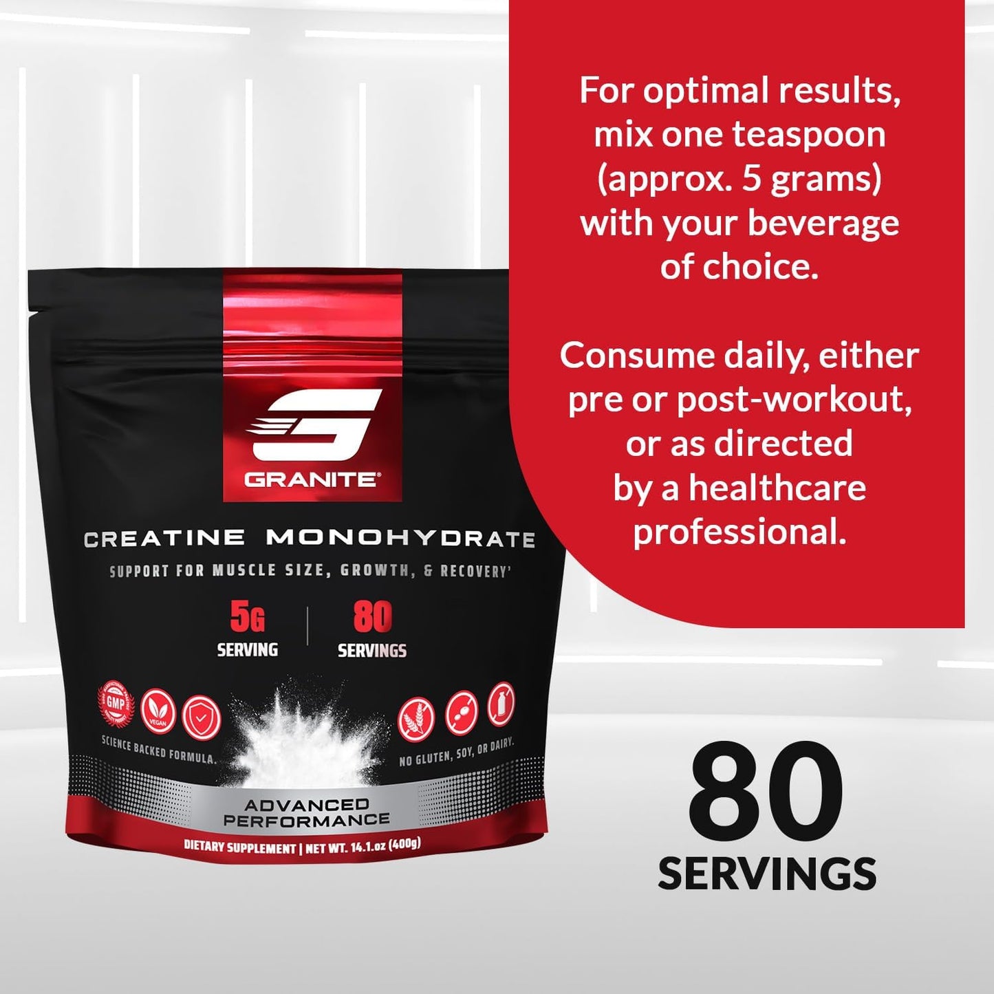 Granite Creatine Monohydrate Supplement for Strength, Endurance, & Muscle Recovery - Soy, Dairy, & Gluten-Free (80 Servings)