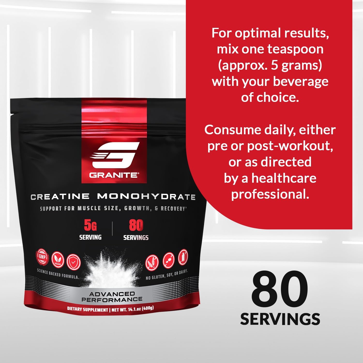 Granite Creatine Monohydrate Supplement for Strength, Endurance, & Muscle Recovery - Soy, Dairy, & Gluten-Free (80 Servings)