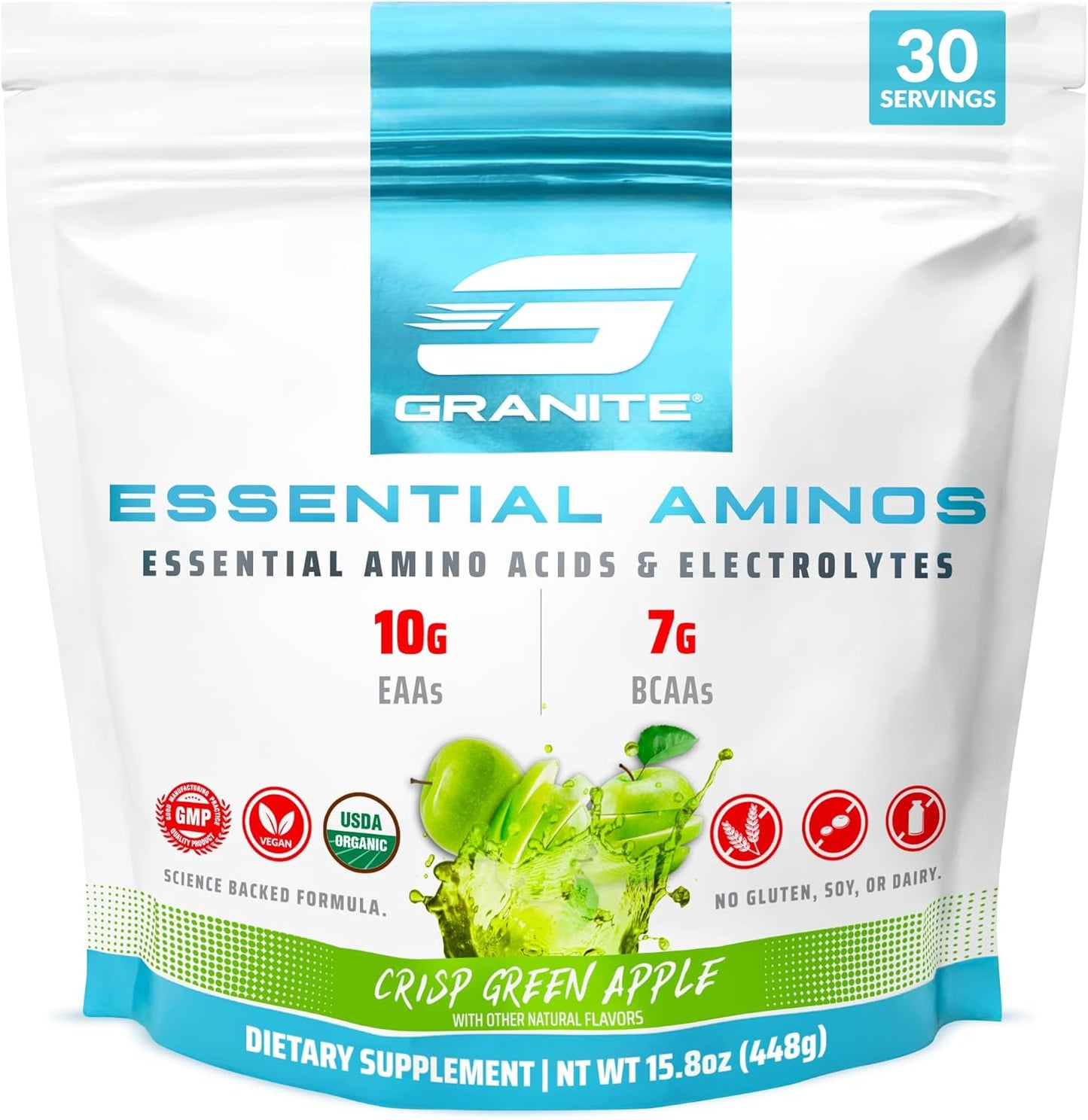 Granite Essential Amino Acids Powder, Green Apple Flavor - 10g EAAs, 7g BCAAs - Muscle Recovery & Growth - Soy-Free, Gluten-Free - 30 Servings