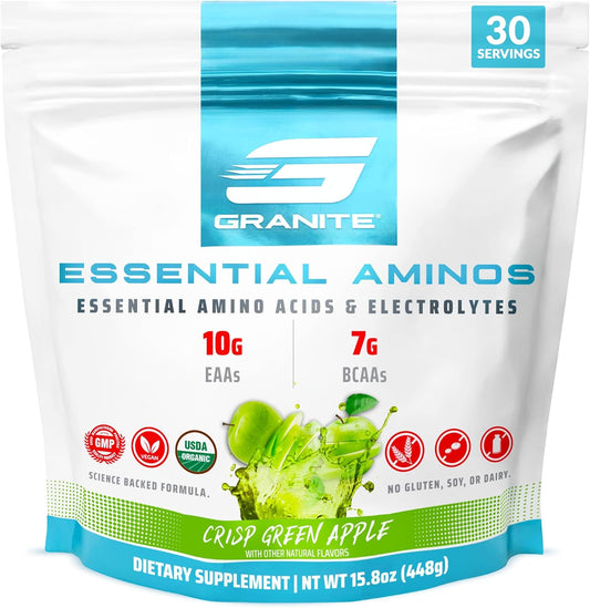 Granite Essential Amino Acids Powder, Green Apple Flavor - 10g EAAs, 7g BCAAs - Muscle Recovery & Growth - Soy-Free, Gluten-Free - 30 Servings