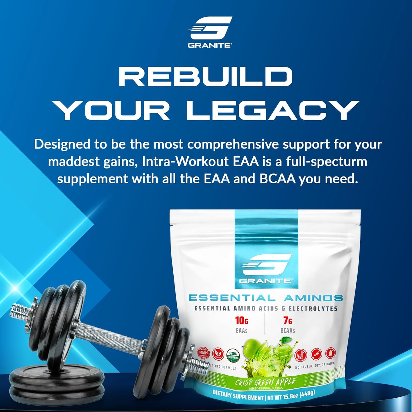 Granite Essential Amino Acids Powder, Green Apple Flavor - 10g EAAs, 7g BCAAs - Muscle Recovery & Growth - Soy-Free, Gluten-Free - 30 Servings
