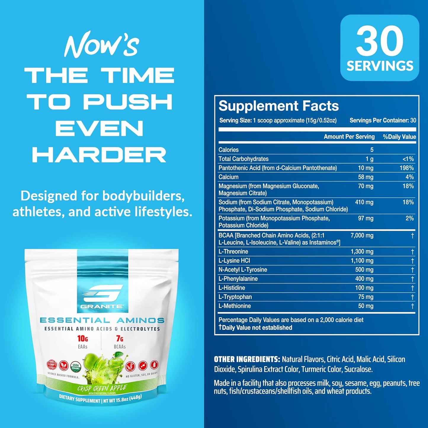 Granite Essential Amino Acids Powder, Green Apple Flavor - 10g EAAs, 7g BCAAs - Muscle Recovery & Growth - Soy-Free, Gluten-Free - 30 Servings