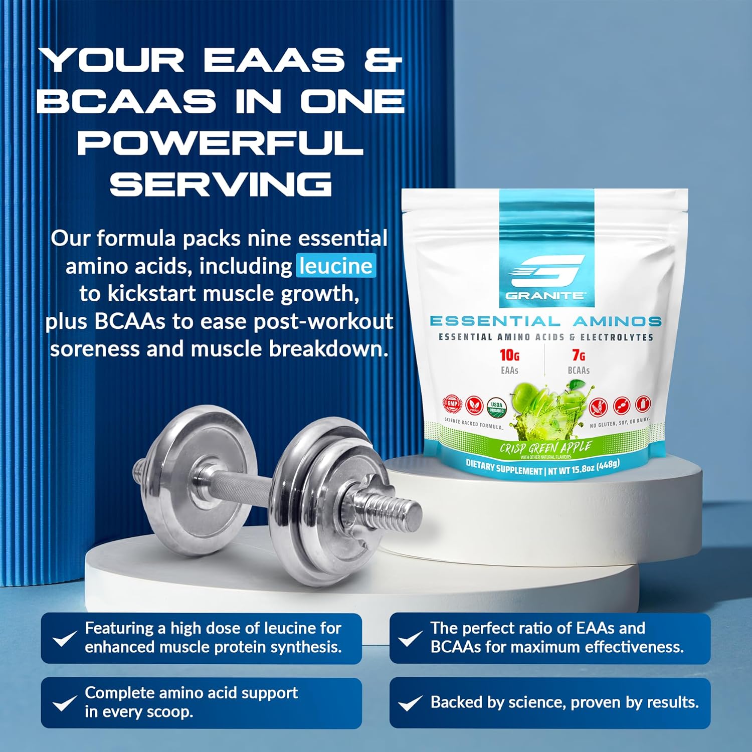 Granite Essential Amino Acids Powder, Green Apple Flavor - 10g EAAs, 7g BCAAs - Muscle Recovery & Growth - Soy-Free, Gluten-Free - 30 Servings
