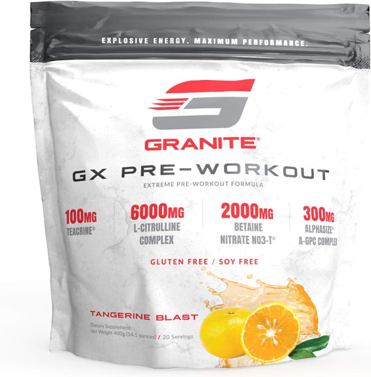 Granite GX Pre Workout Supplement - Tangerine Blast Flavor - Enhances Focus, Energy, & Performance - Teacrine, L-Citrulline, Betaine, A-GPC - 20 Servings