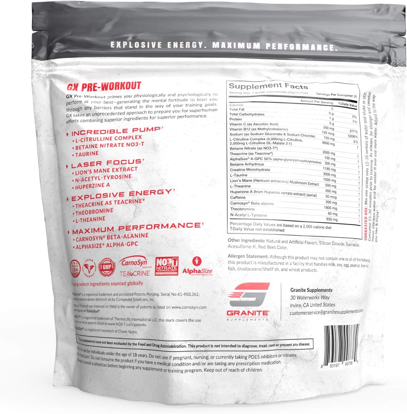 Granite GX Pre Workout Supplement - Tangerine Blast Flavor - Enhances Focus, Energy, & Performance - Teacrine, L-Citrulline, Betaine, A-GPC - 20 Servings