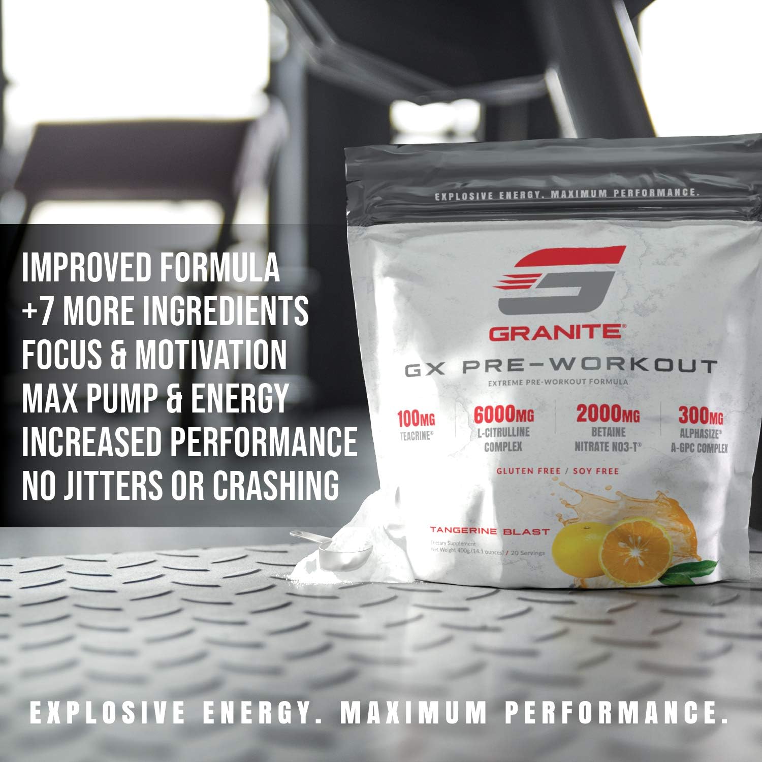 Granite GX Pre Workout Supplement - Tangerine Blast Flavor - Enhances Focus, Energy, & Performance - Teacrine, L-Citrulline, Betaine, A-GPC - 20 Servings
