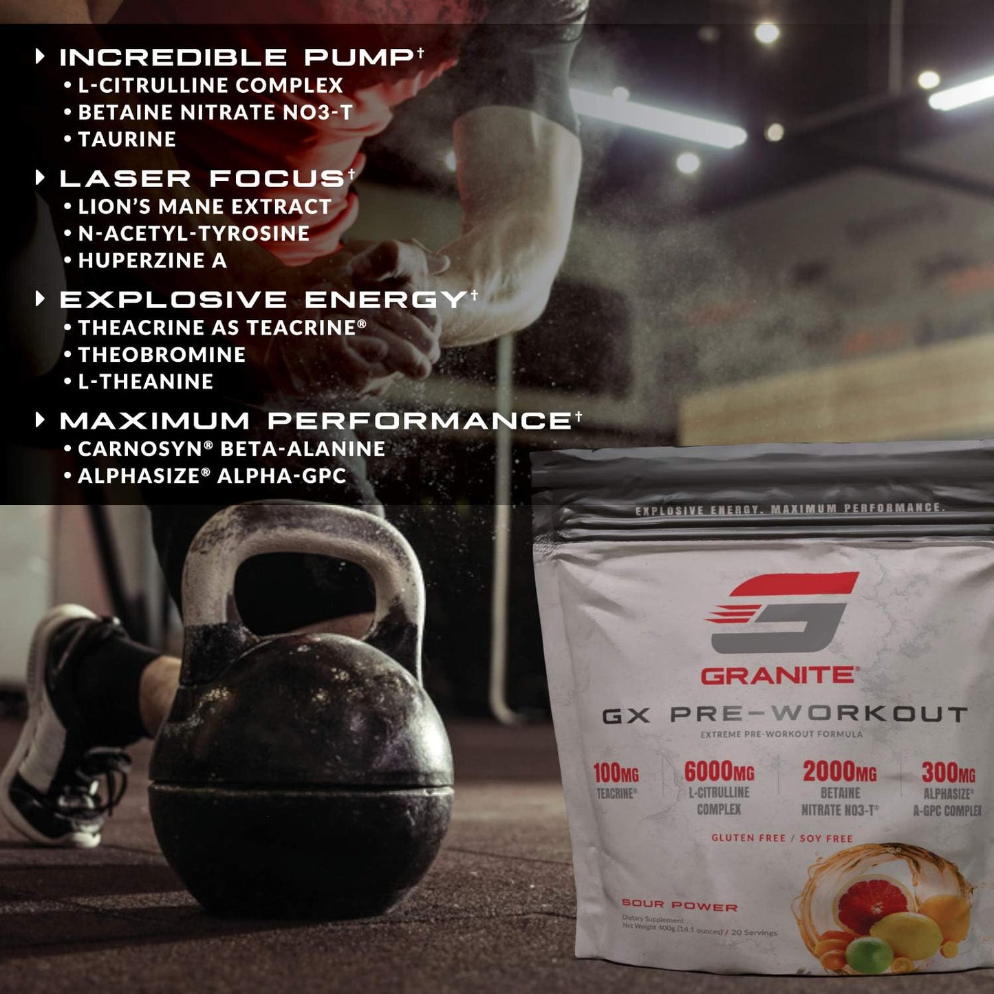 Granite GX Pre Workout Supplement - Tangerine Blast Flavor - Enhances Focus, Energy, & Performance - Teacrine, L-Citrulline, Betaine, A-GPC - 20 Servings