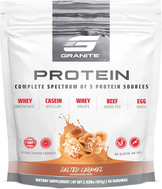 Granite Protein Powder Whey Isolate & Concentrate, Salted Caramel Flavor - Casein Blend for Muscle Building & Recovery - 23g Protein (30 Servings)