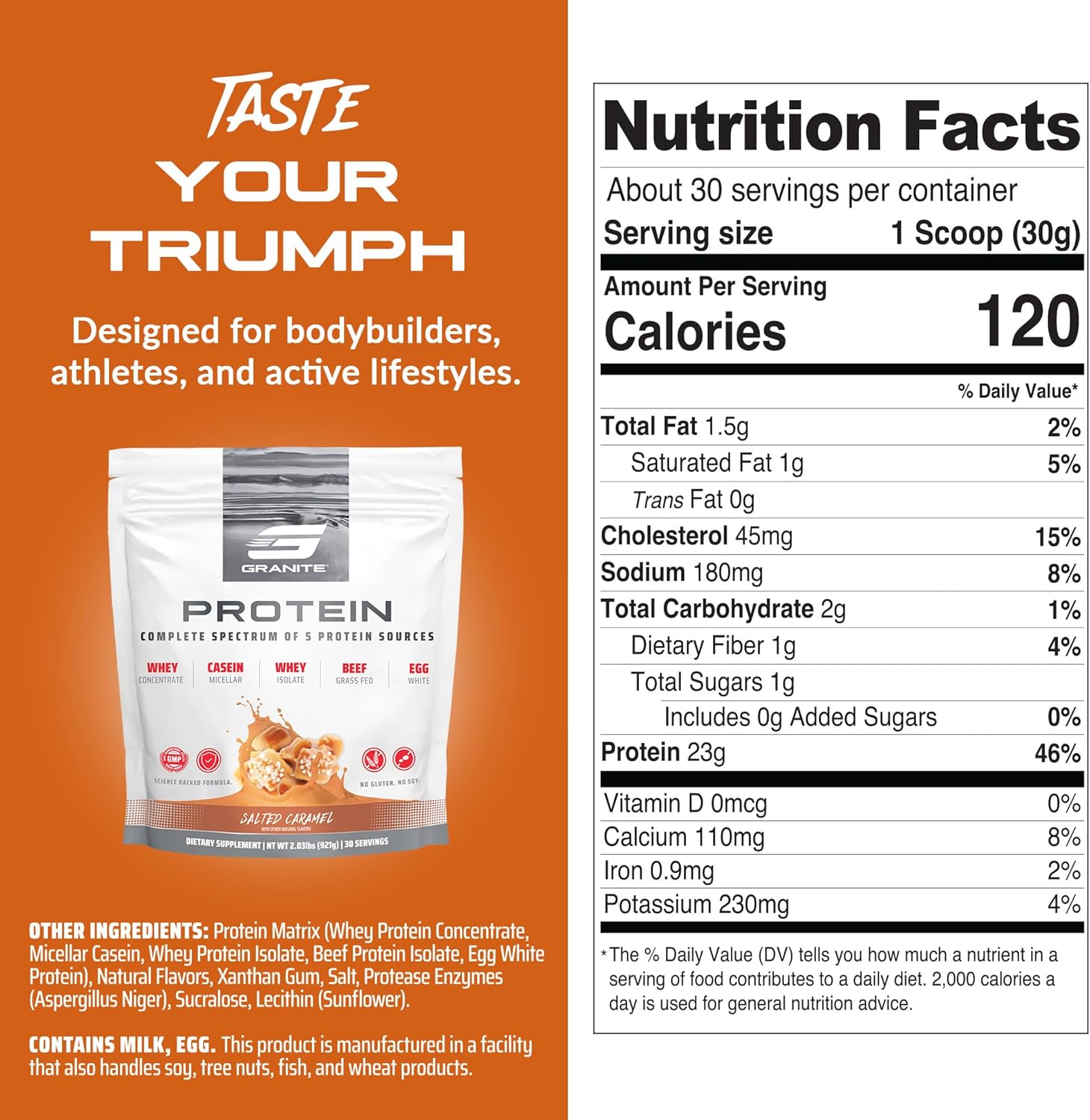 Granite Protein Powder Whey Isolate & Concentrate, Salted Caramel Flavor - Casein Blend for Muscle Building & Recovery - 23g Protein (30 Servings)