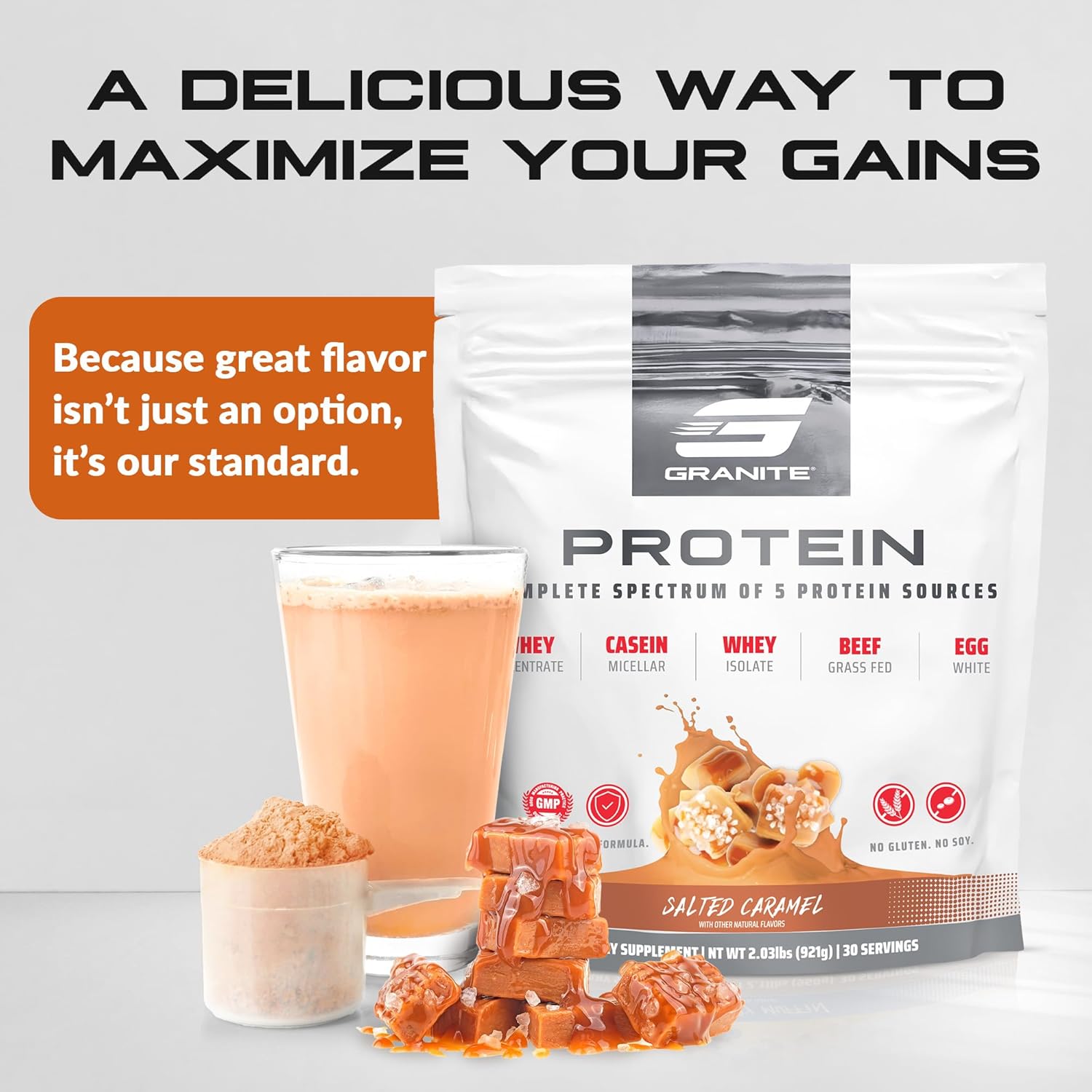 Granite Protein Powder Whey Isolate & Concentrate, Salted Caramel Flavor - Casein Blend for Muscle Building & Recovery - 23g Protein (30 Servings)