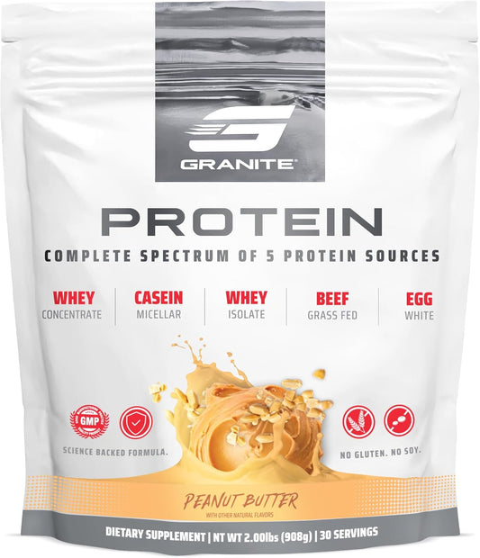 Granite Protein Powder with Whey Isolate, Casein, 23g Protein, Peanut Butter Flavor, Muscle Building & Recovery (30 Servings)