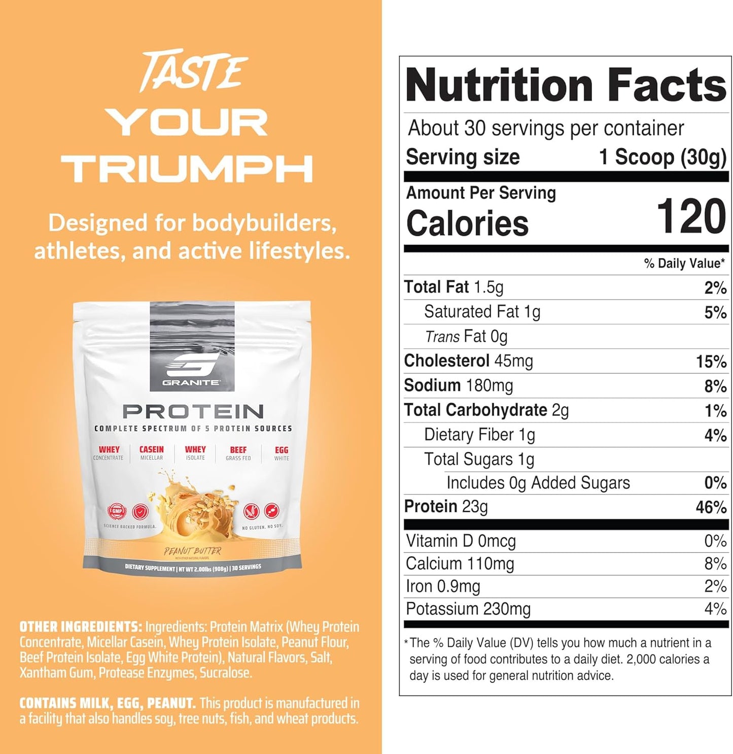 Granite Protein Powder with Whey Isolate, Casein, 23g Protein, Peanut Butter Flavor, Muscle Building & Recovery (30 Servings)