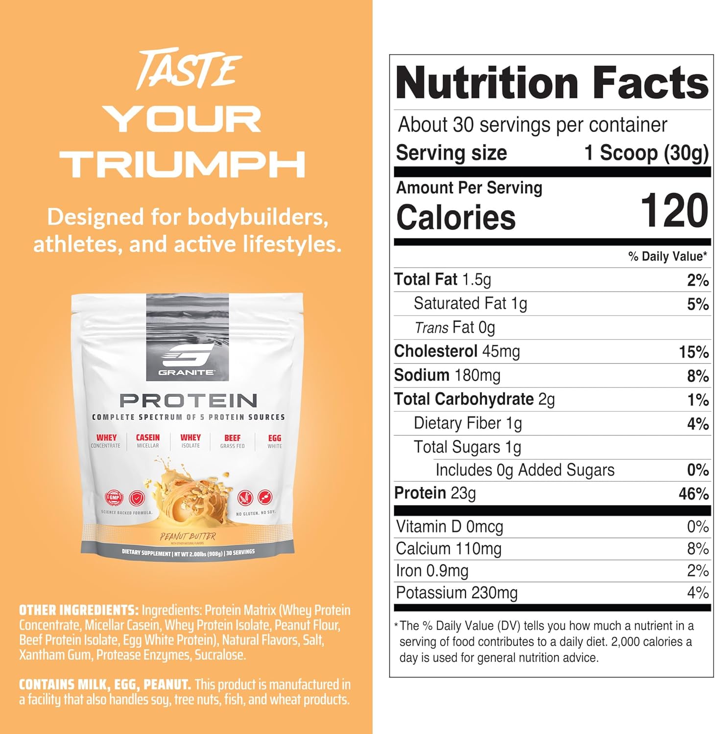 Granite Protein Powder with Whey Isolate, Casein, 23g Protein, Peanut Butter Flavor, Muscle Building & Recovery (30 Servings)