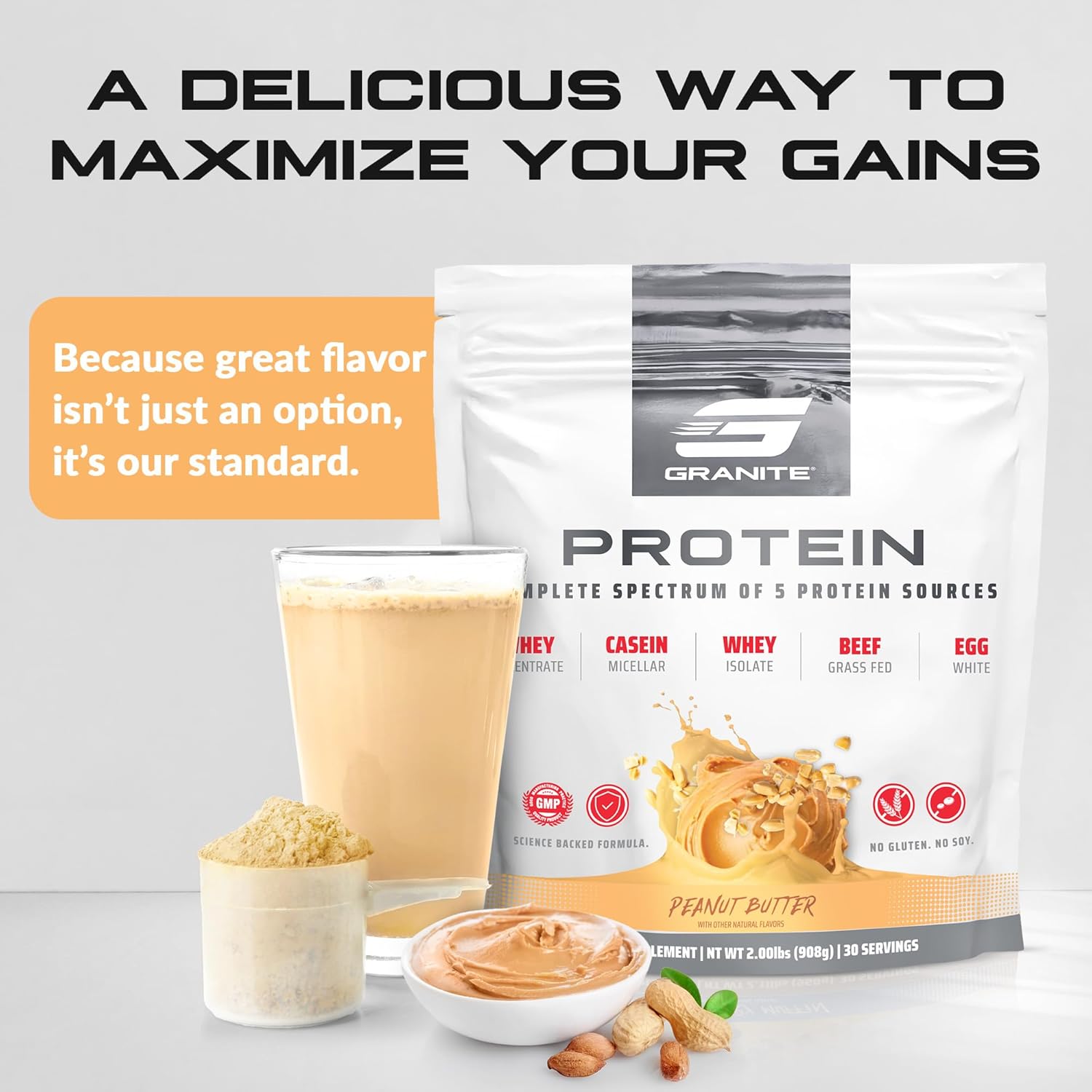 Granite Protein Powder with Whey Isolate, Casein, 23g Protein, Peanut Butter Flavor, Muscle Building & Recovery (30 Servings)