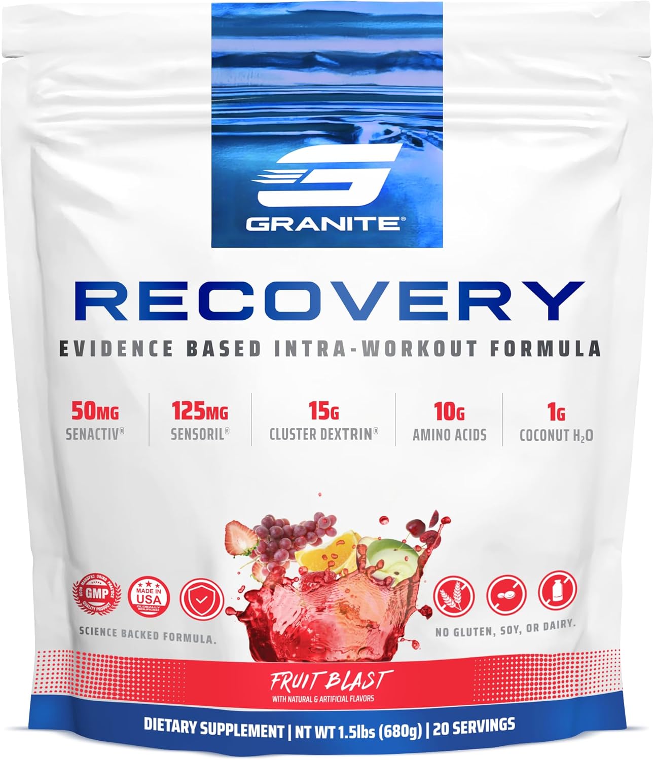 Granite Recovery Intra and Post-Workout Supplement - Fruit Blast Flavor - 10g Aminos, Electrolytes, Cluster Dextrin, Sensoril - Muscle Recovery & Growth - 20 Servings