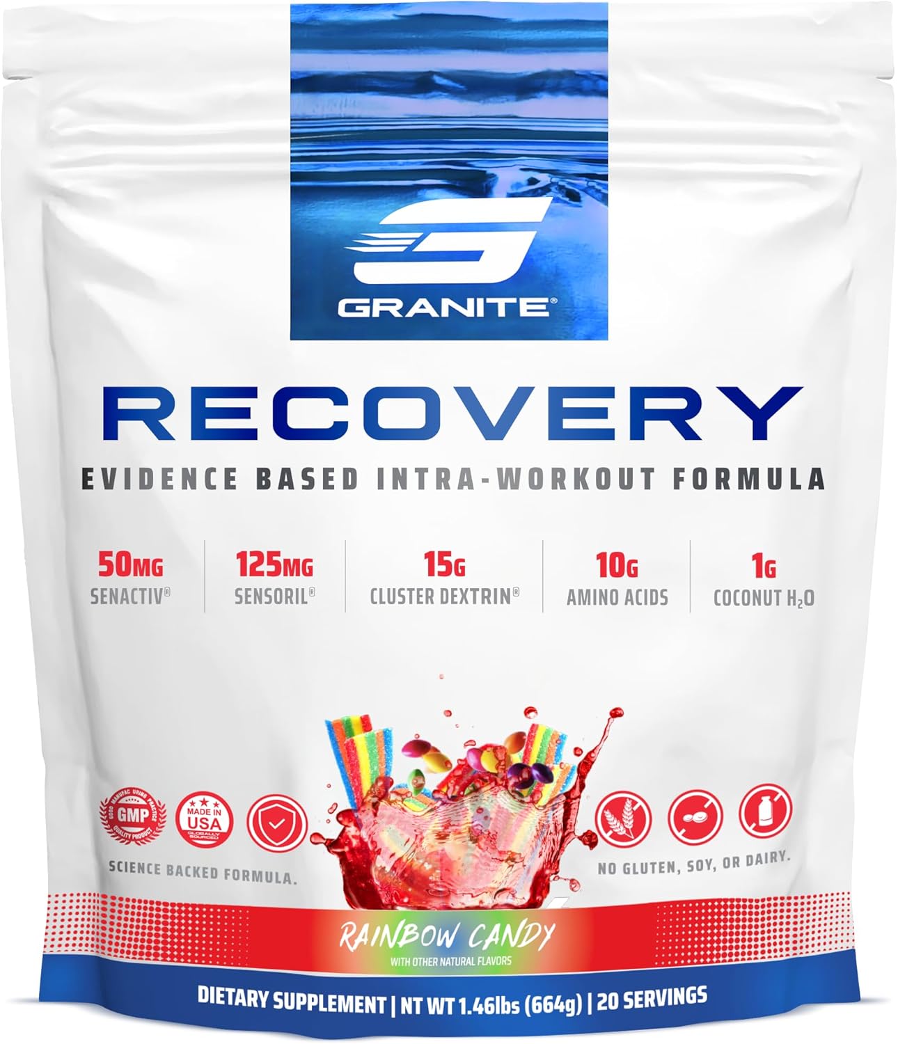 Granite Recovery Rainbow Candy Intra & Post-Workout Supplement - 10g Aminos, Electrolytes, Cluster Dextrin, Sensoril - Muscle Recovery & Growth - 20 Servings