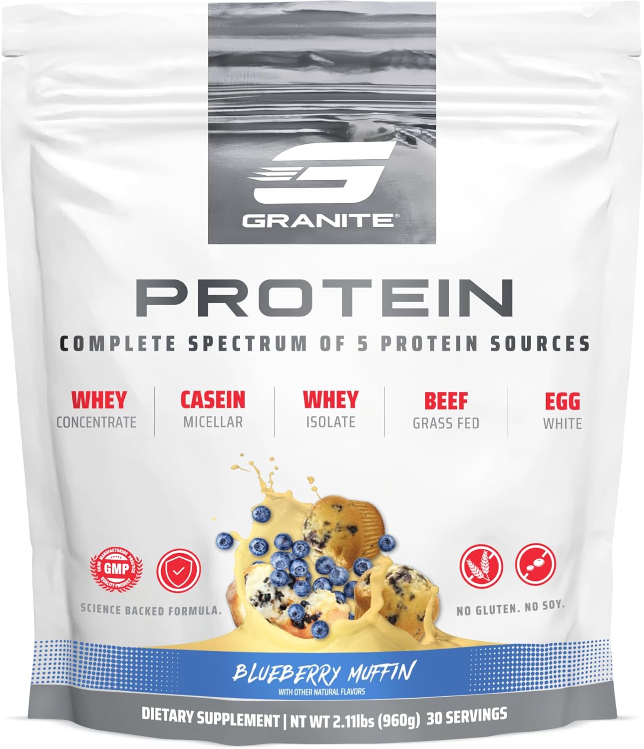 Granite Supplements Blueberry Muffin Whey Protein Powder with Casein for Muscle Building & Recovery - 23g Protein from 5 Sources - 30 Servings
