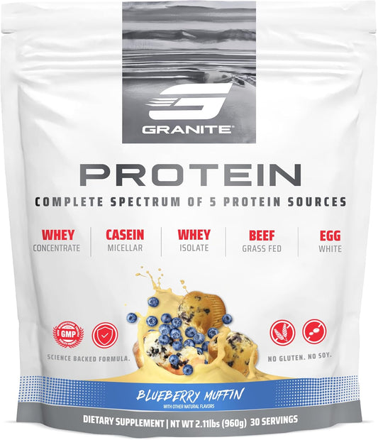 Granite Supplements Blueberry Muffin Whey Protein Powder with Casein for Muscle Building & Recovery - 23g Protein from 5 Sources - 30 Servings