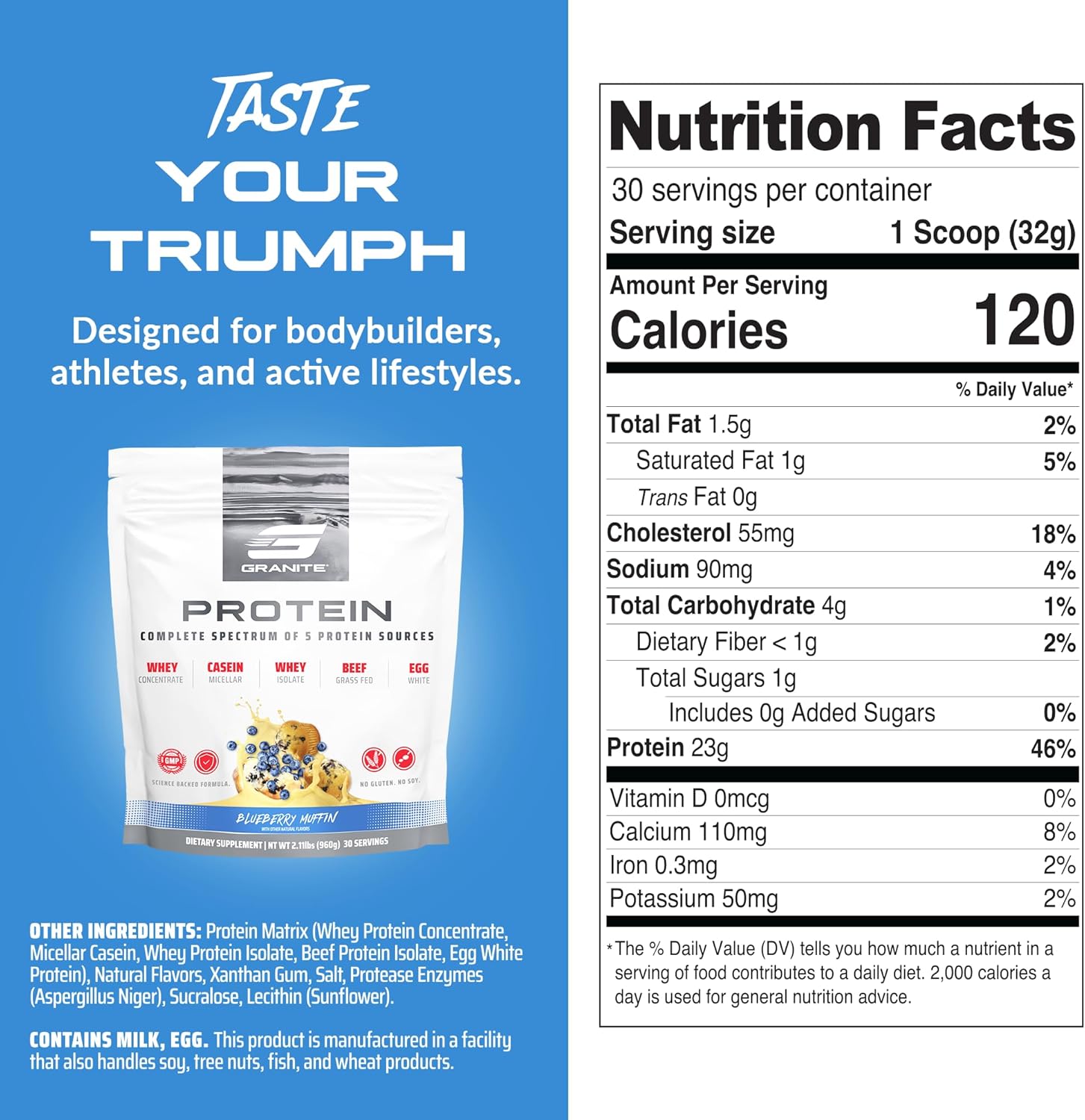 Granite Supplements Blueberry Muffin Whey Protein Powder with Casein for Muscle Building & Recovery - 23g Protein from 5 Sources - 30 Servings