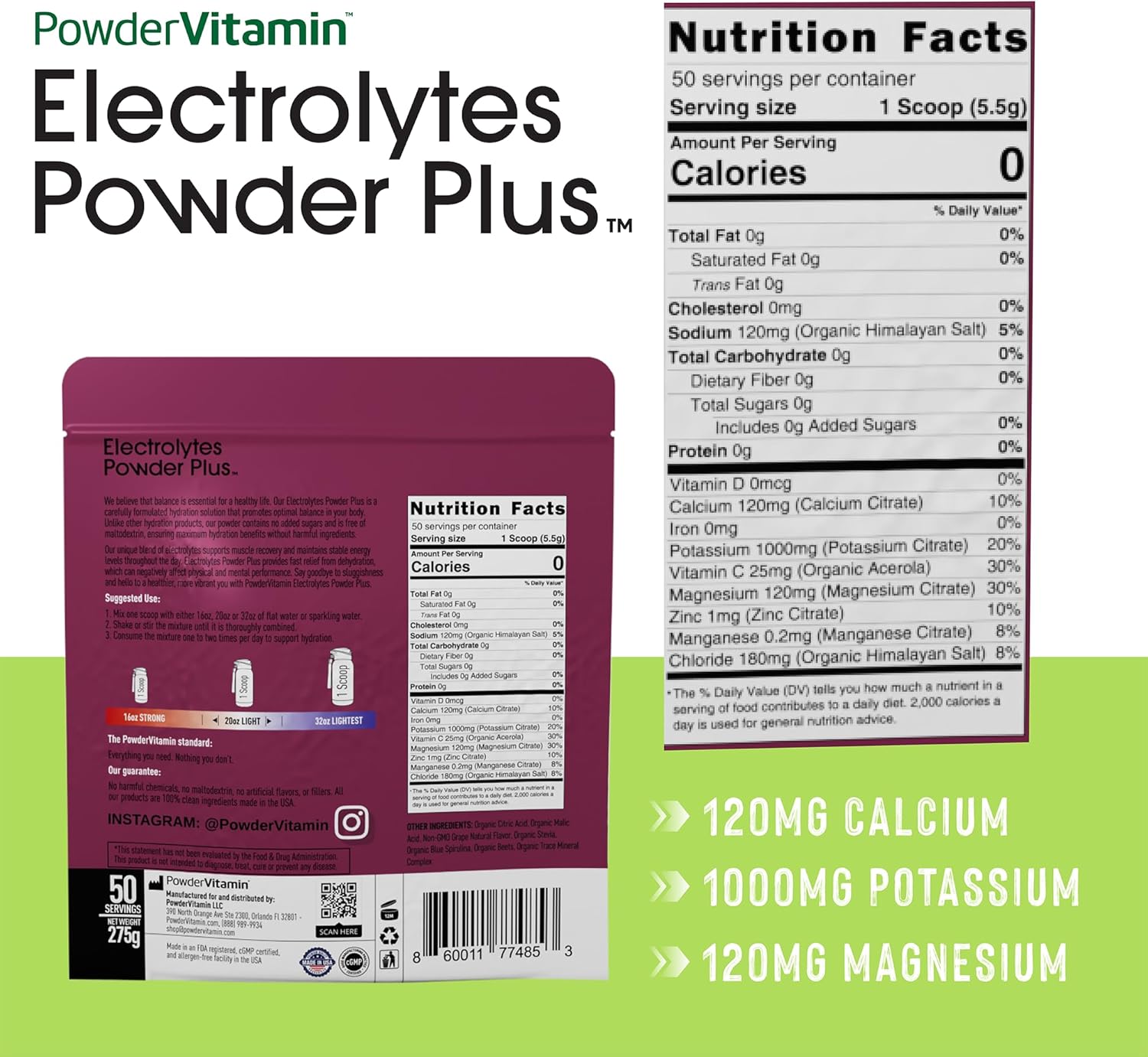 Grape Electrolyte Powder with 1000mg Potassium - Zero Calorie Keto Hydration Powder (50 Servings)