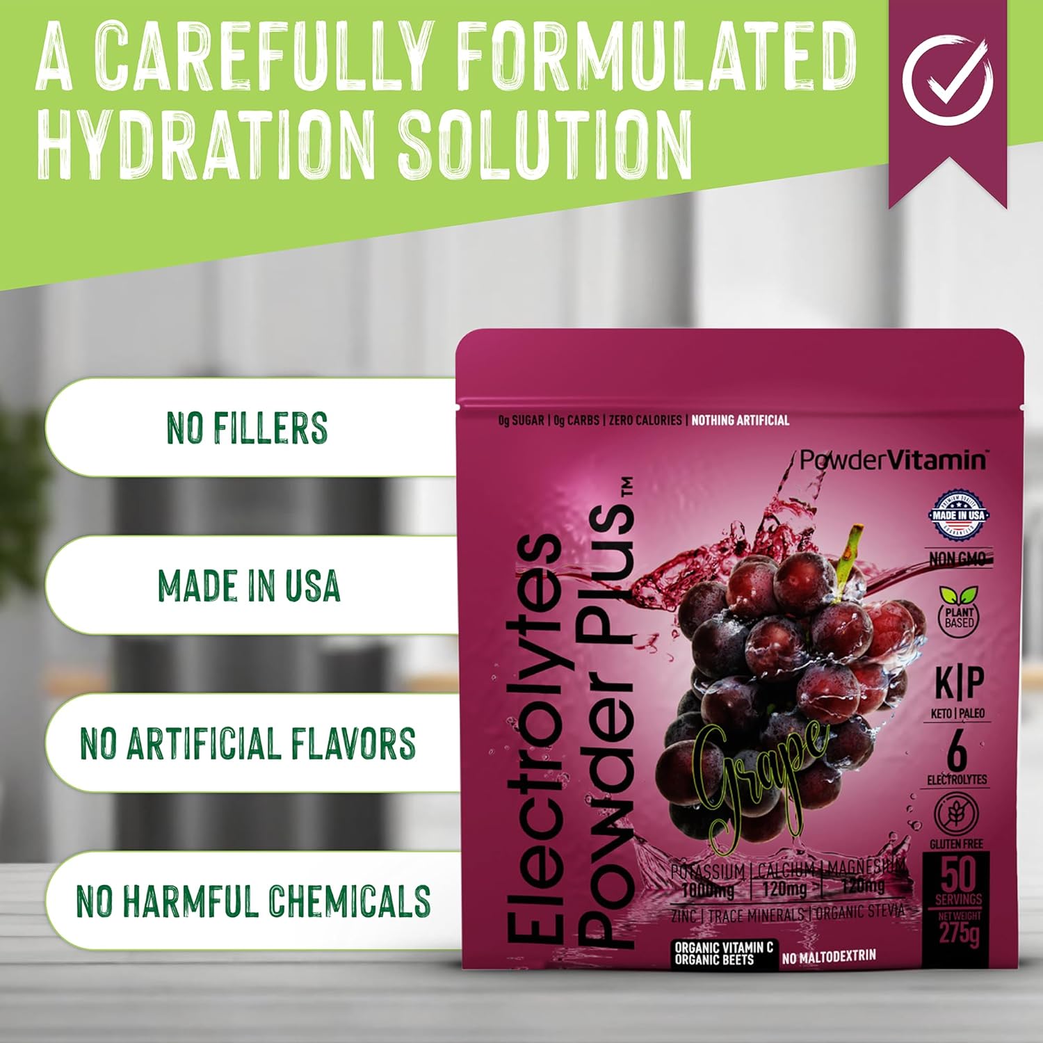 Grape Electrolyte Powder with 1000mg Potassium - Zero Calorie Keto Hydration Powder (50 Servings)