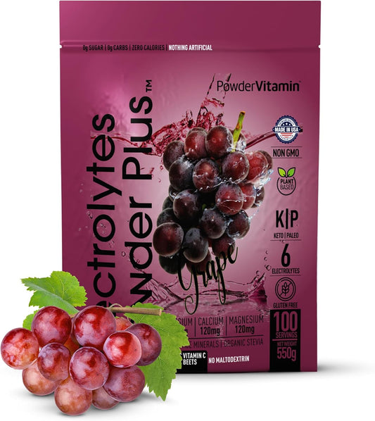 Grape Electrolyte Powder with Vitamins (100 Servings) - Zero Calorie Keto Hydration Powder, 1000mg Potassium, 120mg Calcium, 120mg Magnesium - No Sugar/Maltodextrin