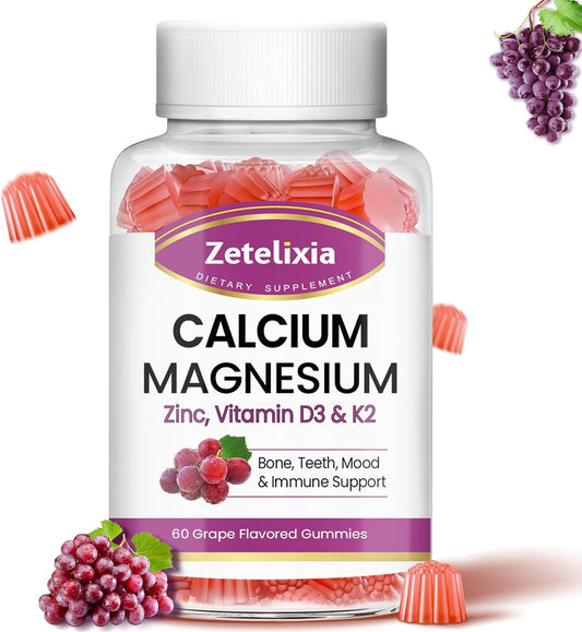 Grape Flavored Calcium Gummies for Women and Men with Vitamin D3 & K2 - 60 Count Bottle