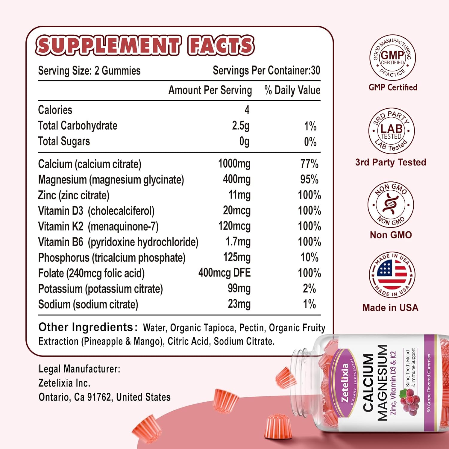 Grape Flavored Calcium Gummies for Women and Men with Vitamin D3 & K2 - 60 Count Bottle