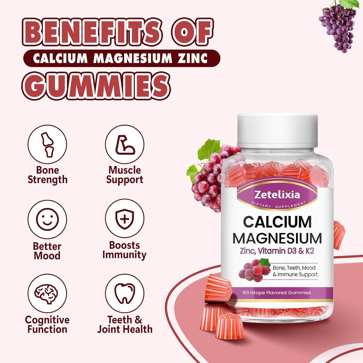 Grape Flavored Calcium Gummies for Women and Men with Vitamin D3 & K2 - 60 Count Bottle
