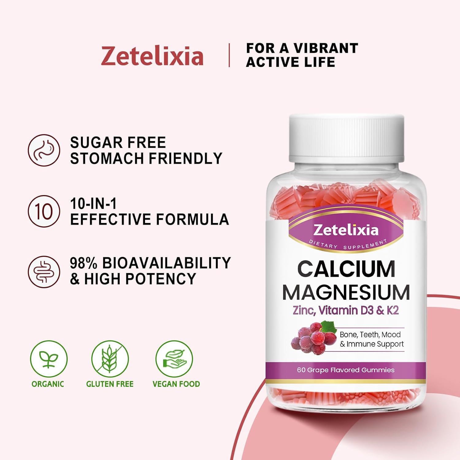 Grape Flavored Calcium Gummies for Women and Men with Vitamin D3 & K2 - 60 Count Bottle