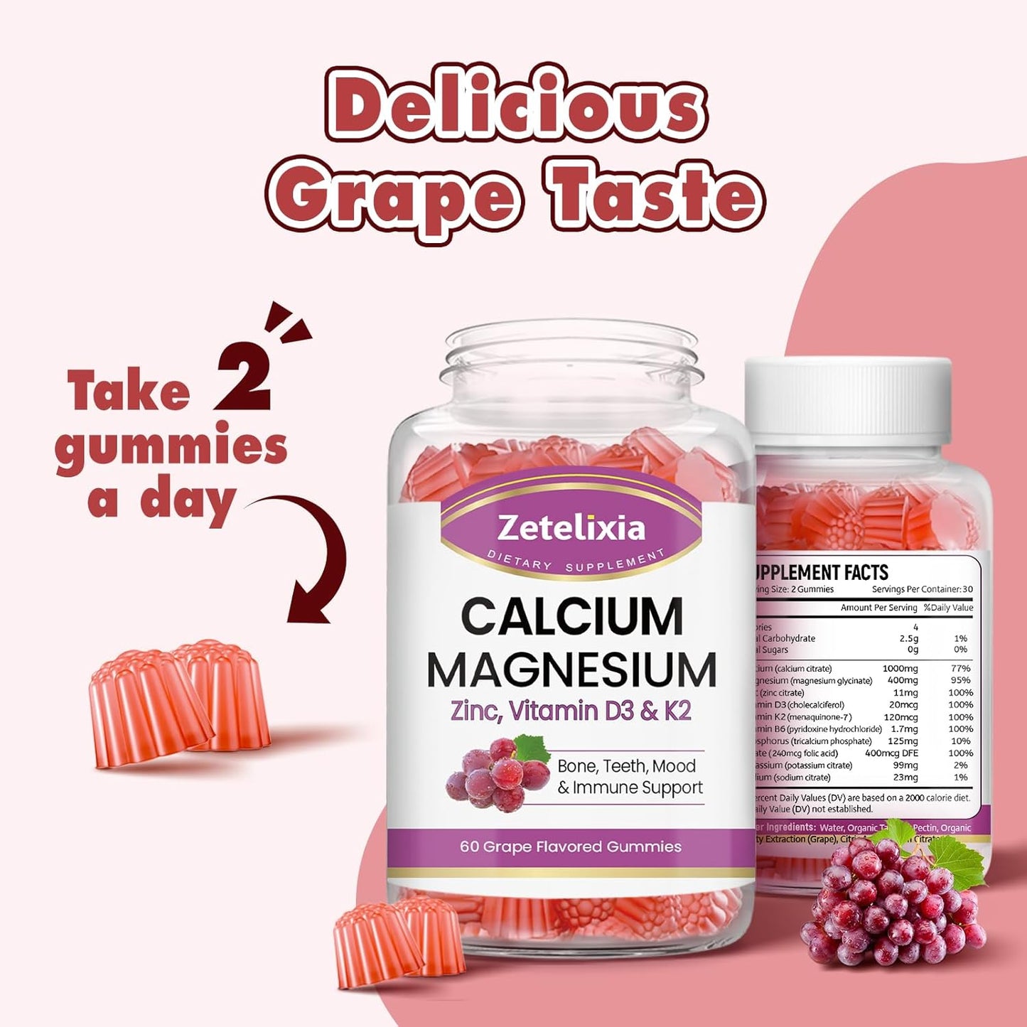 Grape Flavored Calcium Gummies for Women and Men with Vitamin D3 & K2 - 60 Count Bottle