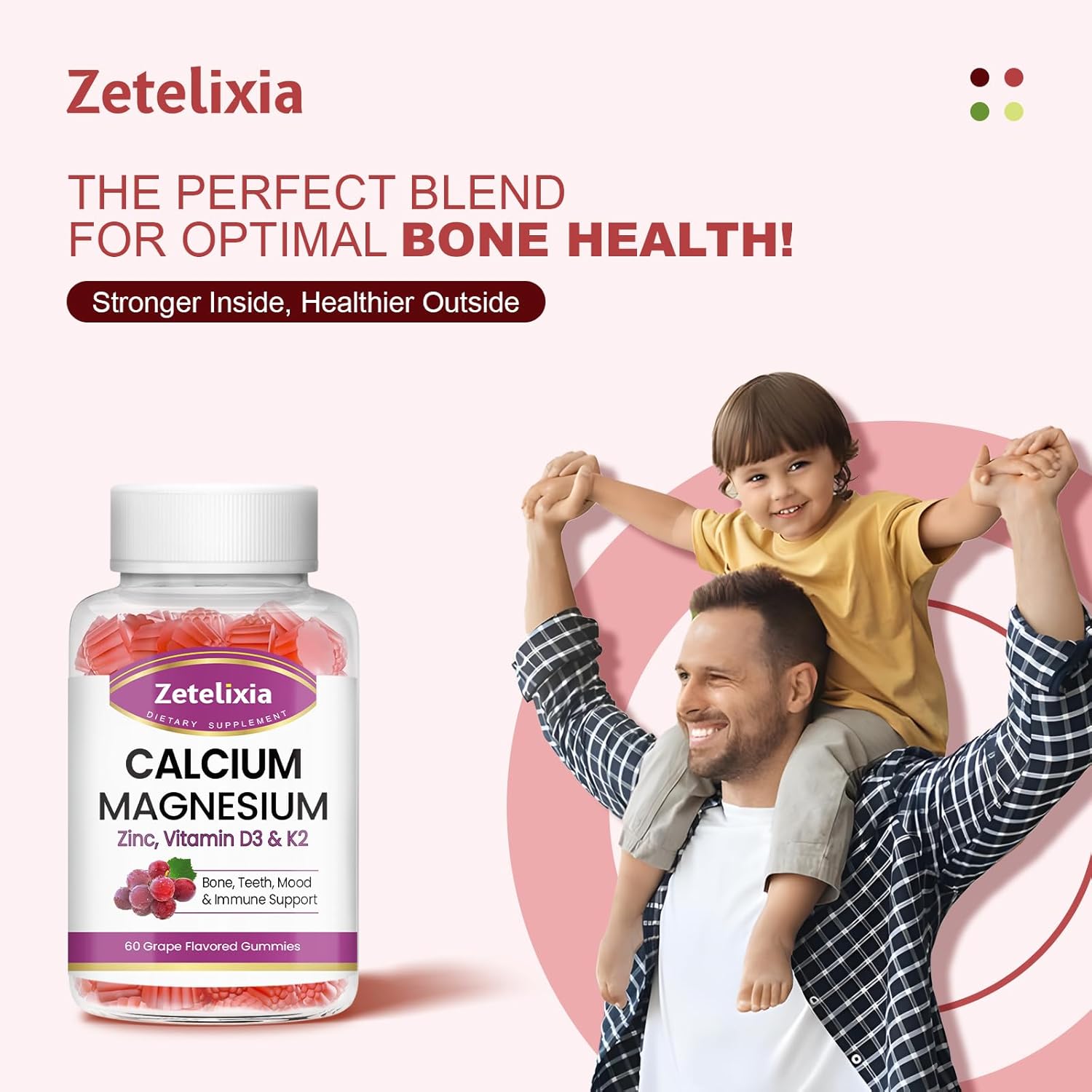 Grape Flavored Calcium Gummies for Women and Men with Vitamin D3 & K2 - 60 Count Bottle